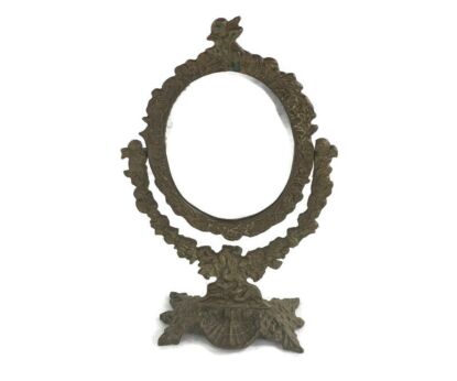 Rococo Ornate Brass Standing Adjustable Swivel Make up Vanity Mirror Angels Soap Shell Beautiful