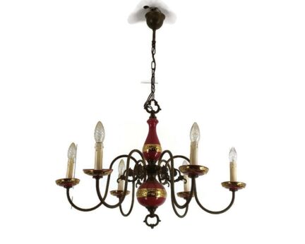 Vintage Chandelier 6 arm Lights Porcelain Bordeaux Gold Italian Lovely 