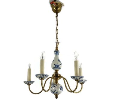 Delft Blue White Porcelain Brass Chandelier Lights Vintage  Dutch 5 Arms Barn style 