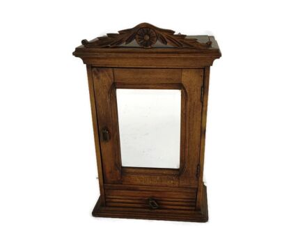 Gorgeous Medicine Apothecary Cabinet Hand carved Ornate wood beveled glass Pediment Barn style