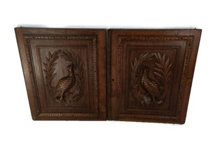 Pair Antique Hand Carved Oak Pheasants Door Panels Reclaimed Architectural Oak Gorgeous