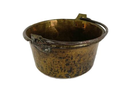 Antique large Kettle Flower Pot Planter Handle Hammered Copper Brass   Rustic Barn Style