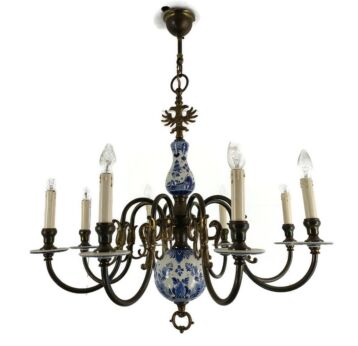 L Dutch Delft Blue White Chandelier Porcelain Ornate Brass 8 Light Arms Farmhouse style