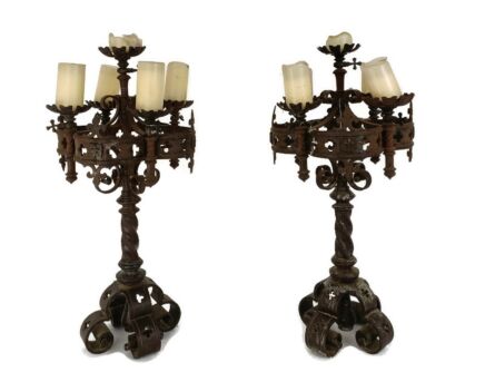 Antique 18th century Wrought Hammered Iron Castle Candelabras Candle Holders 5 arm WOW Pair