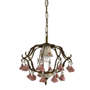 Italian Chandelier1 Light Pendant Ornate Brass Porcelain Flowers Pink Roses WOW