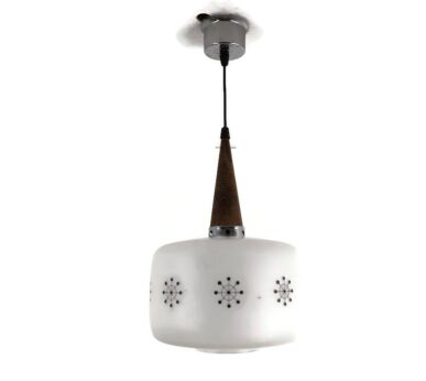 Danish Modern Chandelier Pendant Teak Opaline Glass Atomic  Retro Pop Art Style
