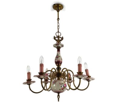 Chandelier 6 Arms Lights Ceramic Porcelain Pink Flowers  Mid Century  Eagle heraldic Lovely