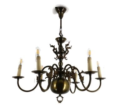 Flemish Dutch Chandelier 6 Arm Lights Brass Eagle Cherubs Ornate Barn Country Style  