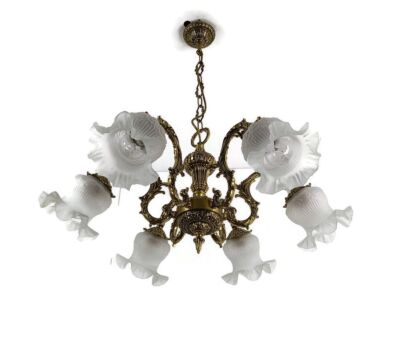 Vintage Chandelier Pendant Ceiling Light Fixture 6 arm Glass shades Brass 