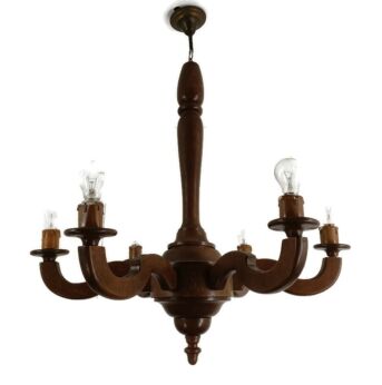 Chandelier Light Carved Wood attributed De Coene Belgium Design 6 arm 6 lights vintage