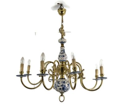 Large Delft Blue White Chandelier Brass Porcelain vintage 8 arm 8 lights gorgeous barn Style