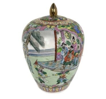 Bowl ginger Jar,  Chinese Urn Vintage Polychrome, lovely scenes family Rose Lidded