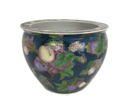 L Vintage Chinese Porcelain Koi Fish Bowl Planter Vase Cachepot Flowers Gorgeous Colors hand Painted 