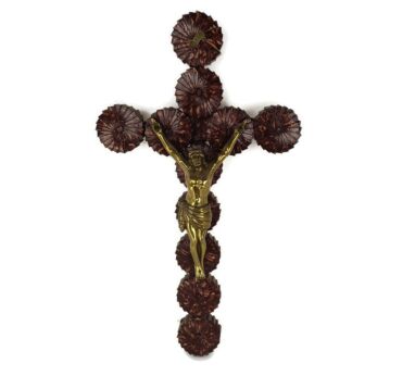 Large Hanging Wooden Wall Crucifix Cross Folk Tramp Art HTF Brass  Corpus  