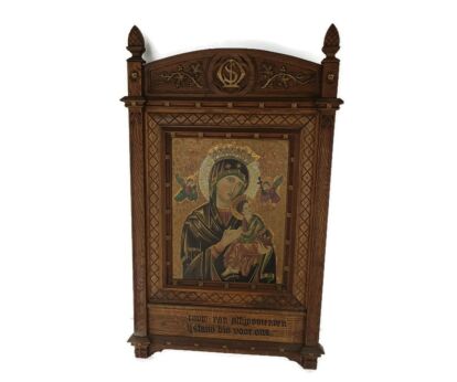 Antique Gothic Church Wall Panel, Hand carved wood, two toned hand painted on brass Madonna and Infant icon WOW