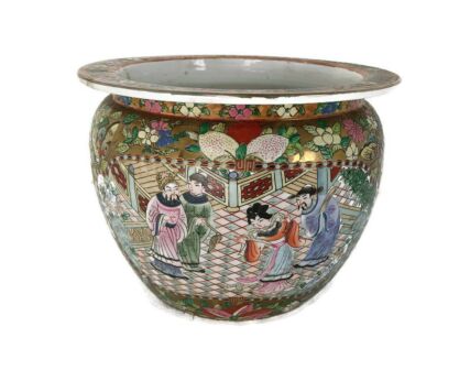 Vintage Chinese Porcelain Enamel Koi Fish Bowl Planter Vase  Cachepot  Family Rose Small