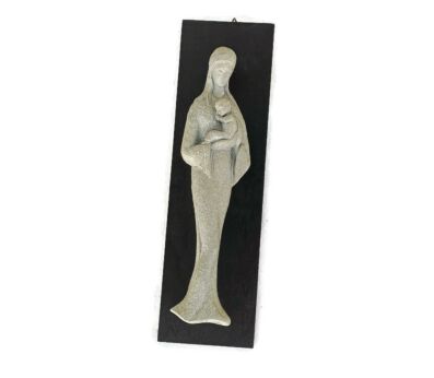 Vintage Wall Plaque Virgin Mary Madonna Infant Jesus Stoneware on Wood