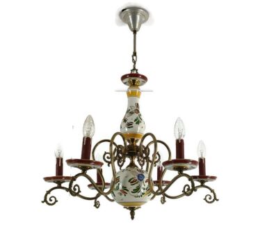 Italian italy Chandelier Polychrome Porcelain brass 6 arm 6 lights vintage 