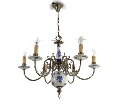 Delft Style Chandelier Blue White 6 arm 6 lights modernist vintage barn style 