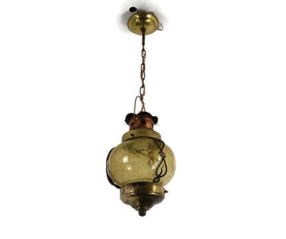 Lantern Pendant Light Fixture Brass Amber Bubbled art glass Lovely vintage