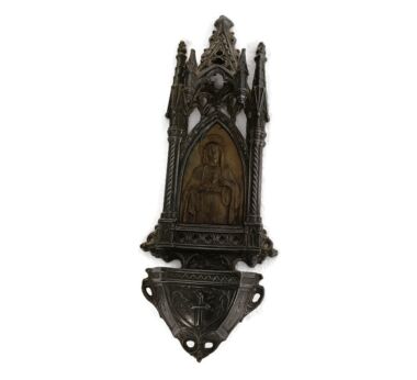 Gorgeous Antique, Holy water Font, Vessel, faux brass, Spelter, Chapel, Sacred Heart Madonna