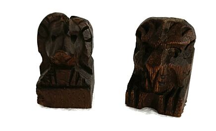 Miniature pair Antique Corbels Hand Carved Wood Architectural reclaimed Lion Heads Trims Salvaged 