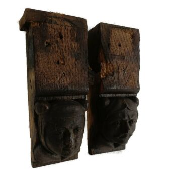 pair Antique Corbels Hand Carved Wood Architectural reclaimed Jesters Trims Salvaged