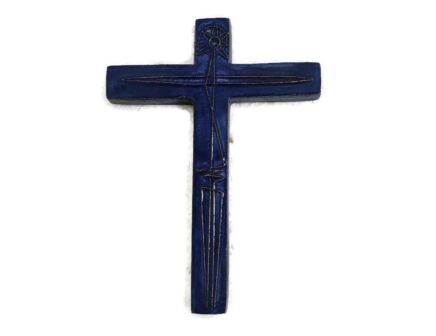 Mid Century Modern Ceramic Blue Crucifix era Rogier Vandeweghe Amphora Style Belgium  