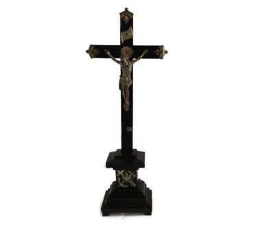 Standing table Altar Crucifix Cross Antique Hand Carved Wood Faux Brass Spelter Silver Plated Corpus