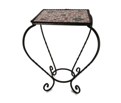 Vintage Small Side Table Plant stand Mosaic tiles Checkered pattern Wrought Iron Pink tiles 