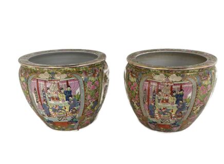 Couple Pair L Vintage Chinese Porcelain Enamel Koi Fish Bowl Planters Vases Cachepots 