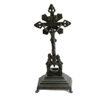 Large Antique Spelter or Pewter Ornate Crucifix Cross Holy Water Font Gorgeous 