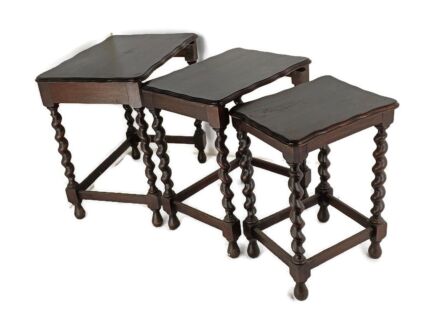 Set of 3 Barley Twist Wooden Nesting Stacking Side Tables Barn Country  Farmhouse style 