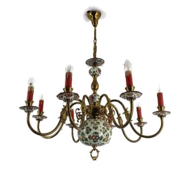 Large Delft Polychrome Chandelier Brass Porcelain vintage 8 arm 8 lights barn Style Gorgeous