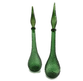 Pair Empoli Italy Vintage Art hobnail  Glass Green Bottles  Italian Decorative Pop Art Decorative