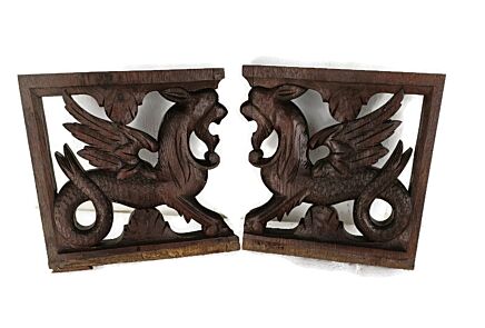 Pair French Corbels Dragons Hand Carved Wood Brackets Gothic Architectural Heraldic Finials Chimera
