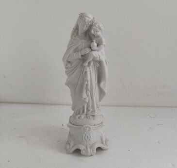 French Antique 1900 Bisque Statue Virgin Mary Our Lady with Infant Child Flower Wreath Garland Marked
