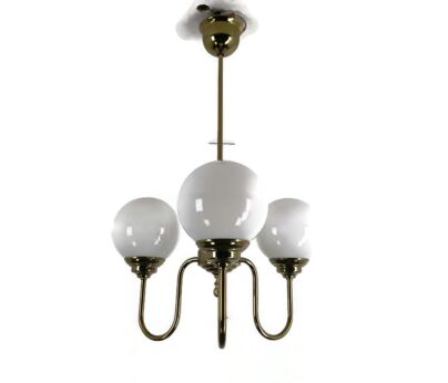 Chandelier Light Fixture Mid century Modern 3 arm Glass white ball shades modernist Brass 