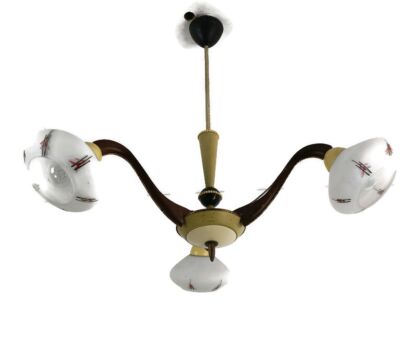 Vintage 3 arm Lights Chandelier Metal wood Brass Pop Art Retro 