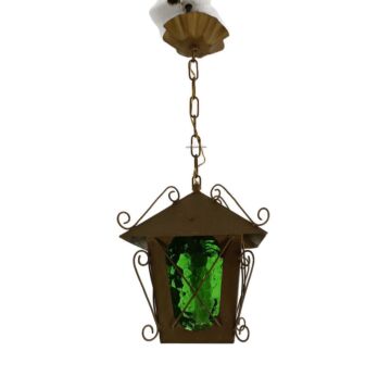 chandelier Pendant lamp Lantern Green Art glass Wrought painted Metal vintage  