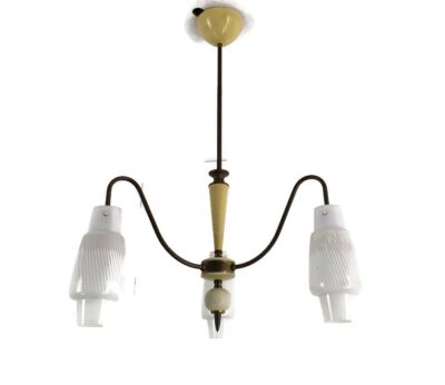 Chandelier fixture 3 arm 3 lights vintage stilnovo style retro wooden ball brass glass plastic