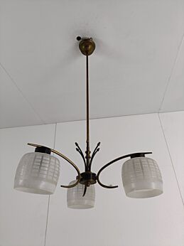 Chandelier fixture 3 arm 3 lights vintage stilnovo style retro  brass glass shades Funky
