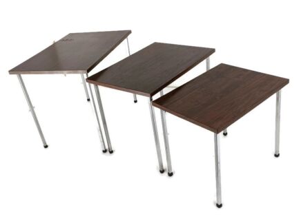set of 3 Modernist  Nesting Stacking Coffee Side Tables Brown Veneer Chrome Legs Mid Century Modern