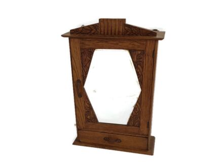 Medicine Apothecary Cabinet Gorgeous Ornate Wood beveled glass Japandi style