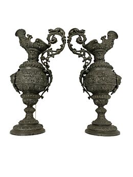 Couple Art Nouveau Jar Pitcher Spelter Art Work Mythology Dragons Medusa HTF
