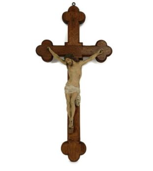 XL Wood Hanging Church Crucifix Plaster Dramatic Corpus Piece of art French