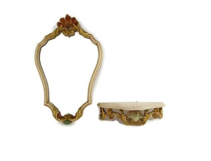 French Provincial White Crackled Console wall hanging Wood with Mirror Vintage
