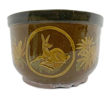 XL Planter Cache Pot French Pottery Faience Hunter Scenes Deer Bird Gorgeous