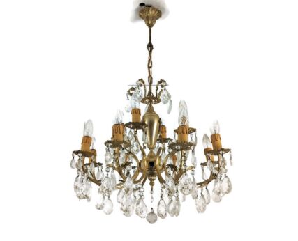 Brass  Chandelier 12 Lights Crystal prisms drops Hollywood regency style Vintage 