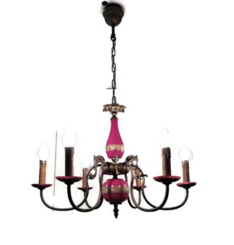Gorgeous Italian Chandelier  Bordeaux red 6 arms lights Glass  Very rare Vintage